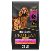 Purina Pro Plan front bag showing salmon-first senior formula and benefits