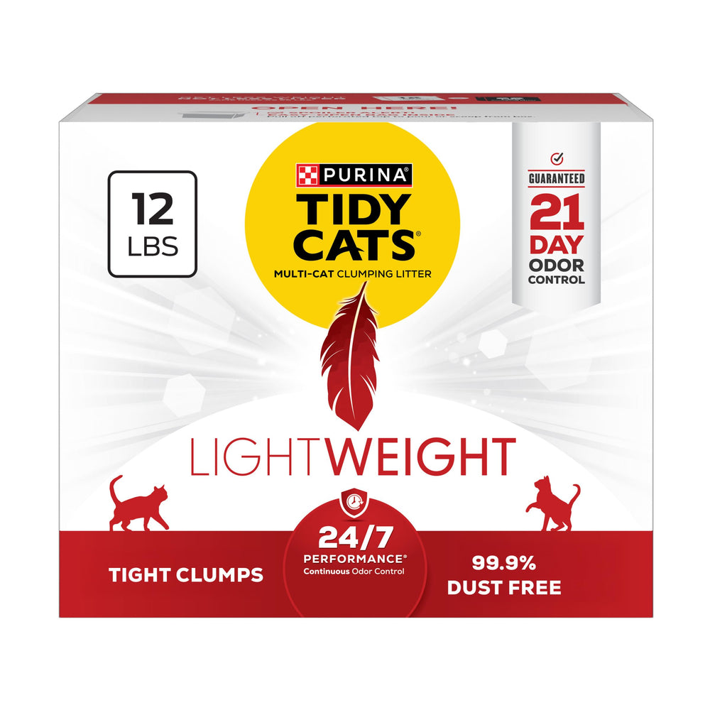 Purina Tidy Cats embalaje frontal mostrando tamaño y beneficiode ligereza