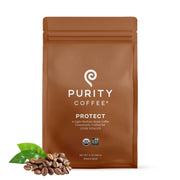 PURITY COFFEE front packaging showing PROTECT 12oz bag and labels, benefit: clear product identity
