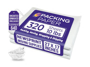Purple Papers paquete frontal mostrando 320 hojas para mudanzas y ahorro
