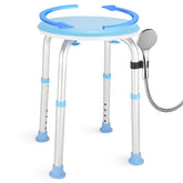 pxsulliao front view of blue swivel shower chair showing stable seat and compact base for safety