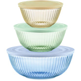 Pyrex front packaging showing tinted glass bowls and lids, durable everyday use