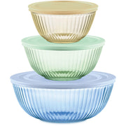 Pyrex front packaging showing tinted glass bowls and lids, durable everyday use