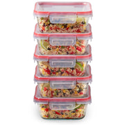 Pyrex Freshlock frontal del conjunto mostrando 5 recipientes y tapas herméticas, organización eficiente