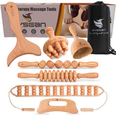 PYSEAN front packaging showing seven wooden massage tools and kit benefits