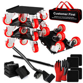 Qenovo front view of dolly set showing four red platforms and packed accessories for safer moves