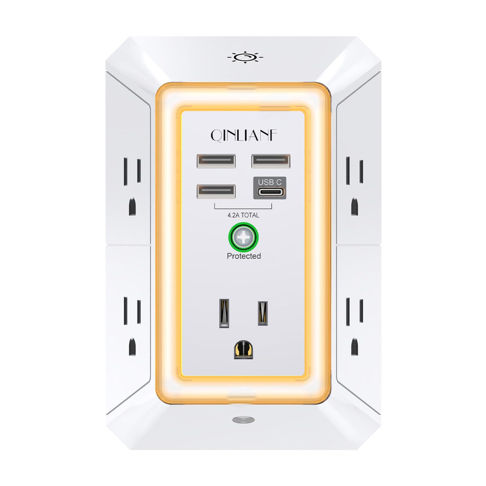 QINLIANF frontal de la regleta mostrando enchufes y puertos USB, organización eficiente