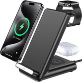 QKXC vista frontal de la estación 3 en 1 con teléfono, reloj y AirPods cargando