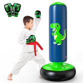 QPAU front view of green dinosaur punching bag showing playful design and stability
