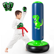 QPAU front view of green dinosaur punching bag showing playful design and stability