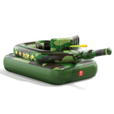 QPAU flotador tanque vista frontal mostrando diseño camuflaje y cañón para diversión