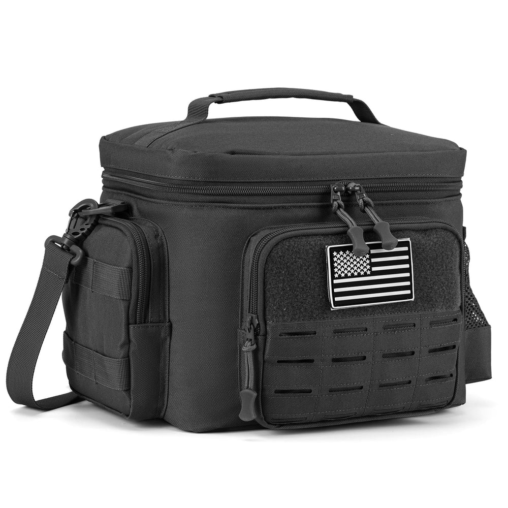 QT&QY bolsa frontal negra mostrando cierre y diseño resistente