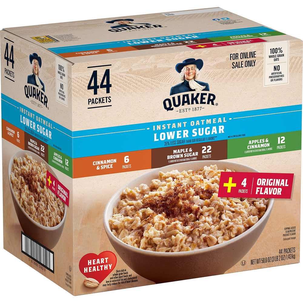 Quaker frente del paquete mostrando 44 sobres y variedad de sabores, práctico para despensa