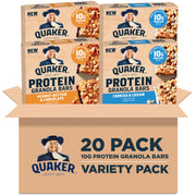 Quaker paquete frontal mostrando las 20 barritas y variedad de sabores, práctico y claro