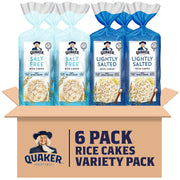 Quaker tortas de arroz pack frontal mostrando los 6 paquetes y conveniencia