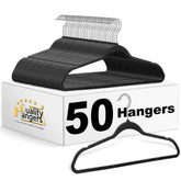 Quality Hangers front pack of 50 black hangers showing uniform set and neat storage benefit