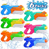 Quanquer front packaging showing six colorful water guns and value pack benefit