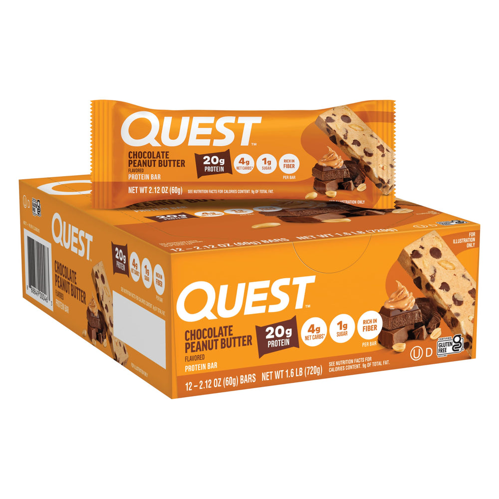 Quest barra frontal con envoltorio mostrando sabor y tamaño práctico