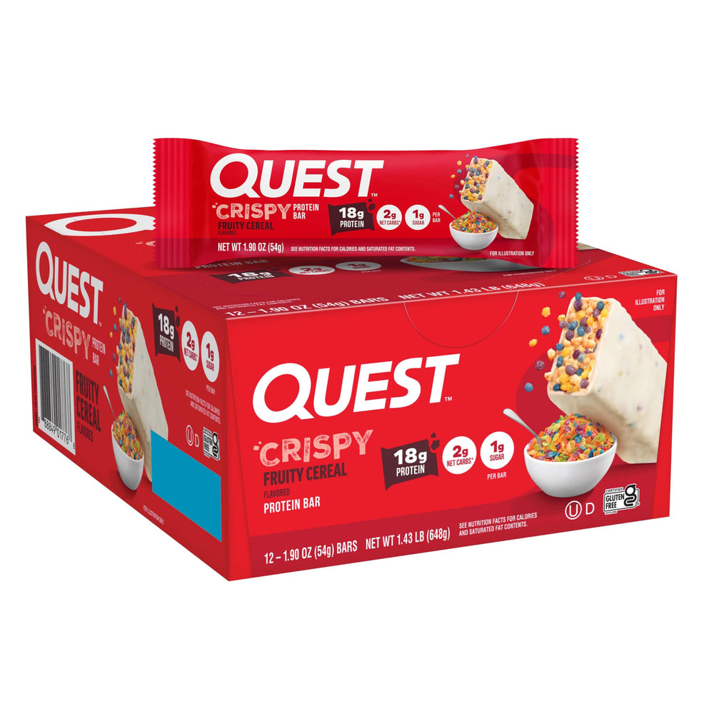 Quest empaque frontal mostrando 12 barritas y beneficios nutricionales