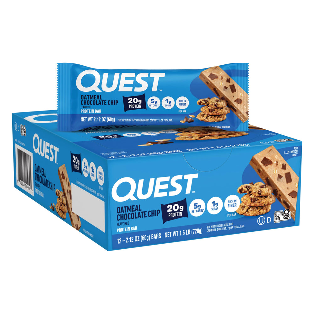 Quest barrita frontal mostrando el empaque y la marca como snack rico en proteínas