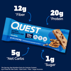 Quest primer plano de textura con chips de chocolate, evidencia de sabor y masticabilidad