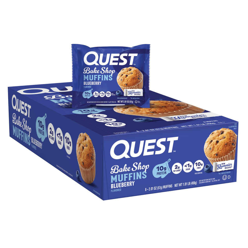 Quest Blueberry Muffin frente del empaque mostrando diseño y conveniencia