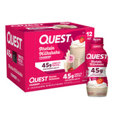 Quest botella delantera fresa mostrando etiqueta y beneficio alto en proteína