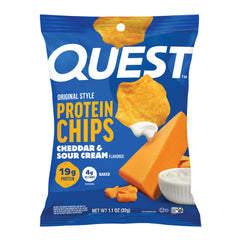 Quest front packaging showing cheddar and sour cream flavor and protein claim