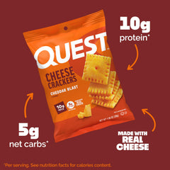 Quest bolsa abierta con porción de crackers lista para comer, ideal para snack rápido