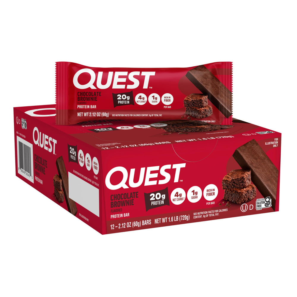 Quest empaque frontal de caja, muestra 12 barritas y beneficios nutricionales
