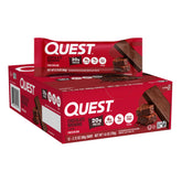 Quest empaque frontal de caja, muestra 12 barritas y beneficios nutricionales