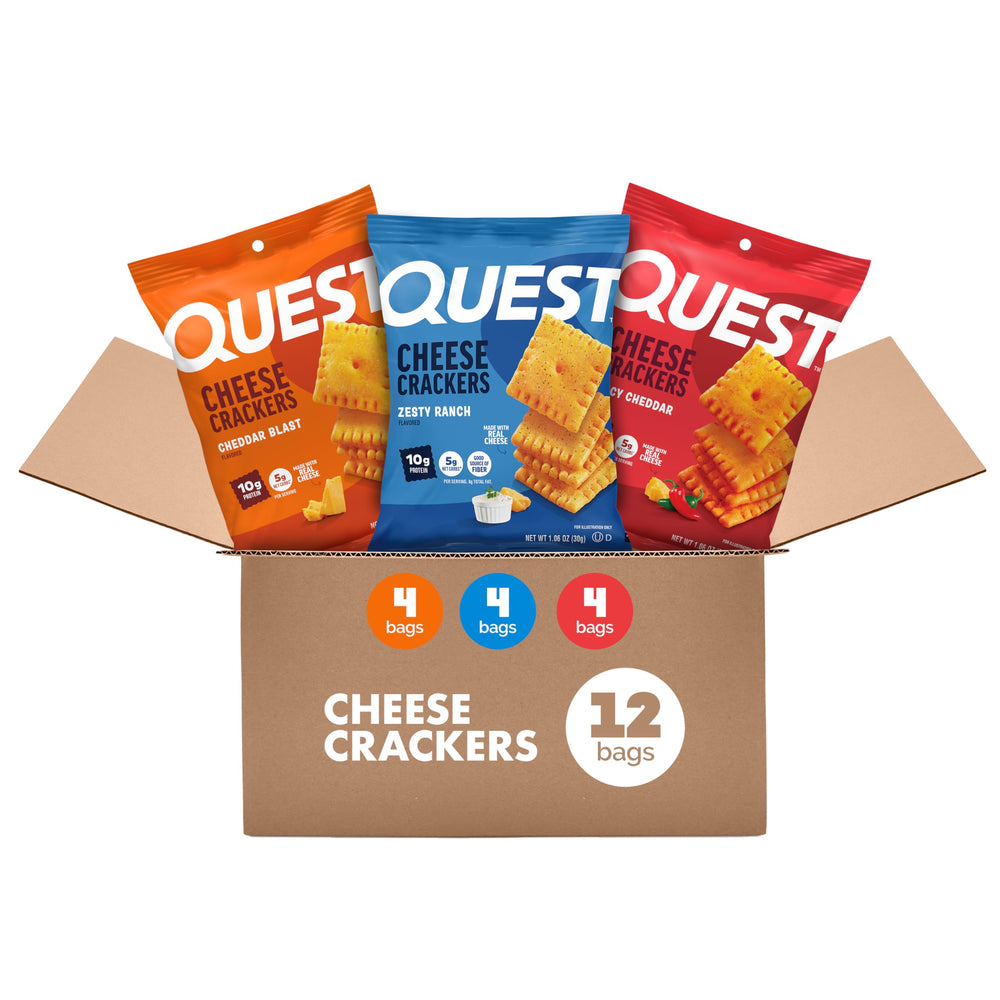 Quest frente del empaque mostrando los 4 sabores y ventaja de variedad