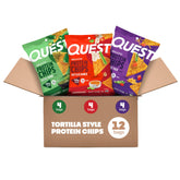 Quest front box of game day variety pack showing three flavors and convenience