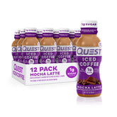 Quest front packaging of 12-pack showing mocha latte convenience and value