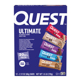 Quest pack frontal mostrando las 12 barras y variedad de sabores, conveniencia inmediata
