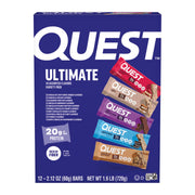 Quest pack frontal mostrando las 12 barras y variedad de sabores, conveniencia inmediata