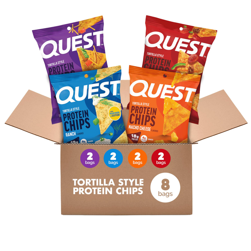 Quest pack variado frontal mostrando las ocho bolsas, práctico y proteico