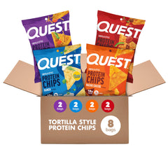 Quest pack variado frontal mostrando las ocho bolsas, práctico y proteico