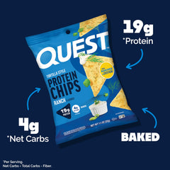 Quest chip close-up revealing baked texture and ranch seasoning for a crunchy savory bite