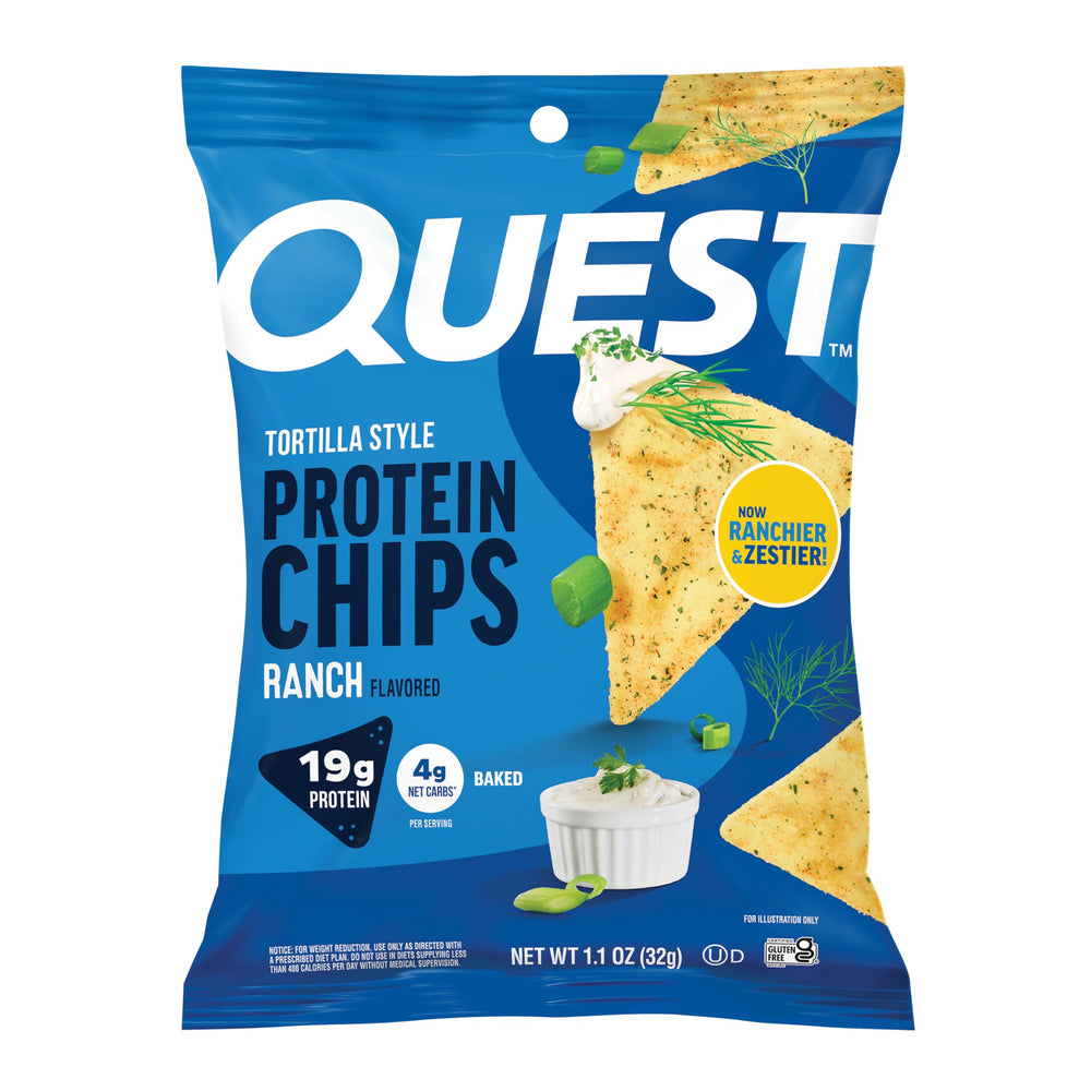 Quest front packaging showing 12-count box and single-serve bags for easy storage and grab-and-go