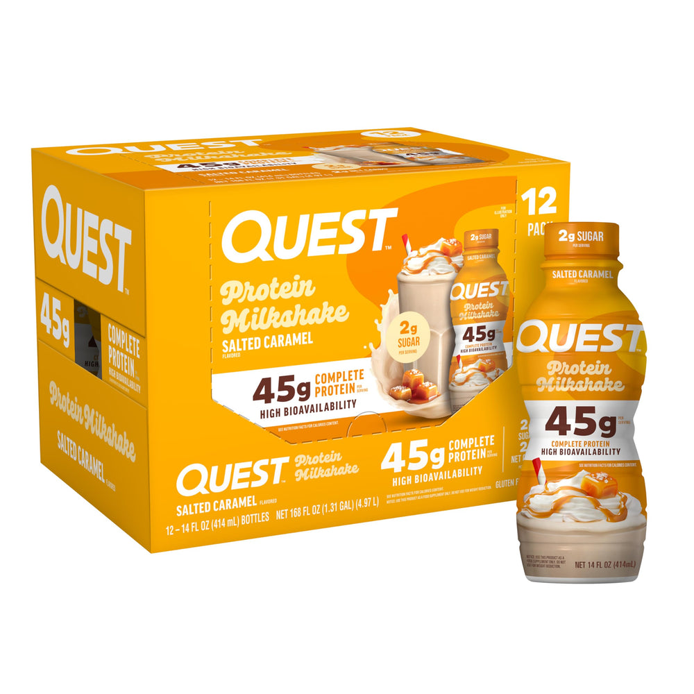 Quest front packaging showing the salted caramel shake and protein callout