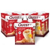 Quest salted caramel front packaging showing bottle and flavor, highlights convenience