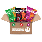 Quest front packaging showing 12-count spicy variety pack and bold branding for convenience
