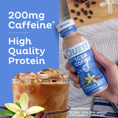 Quest etiqueta nutricional visible, informa sobre proteína y cafeína