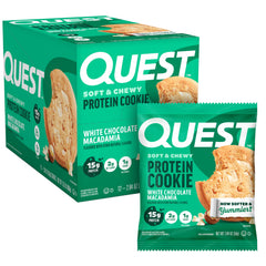 Quest galleta en caja vista frontal, envase individual práctico y claro beneficio
