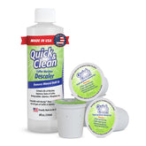 Quick & Clean vista frontal del pack mostrando vasos y desincrustante para limpieza eficaz