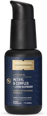 Quicksilver Scientific botella frontal Methyl B Complex con etiqueta clara y beneficios visibles
