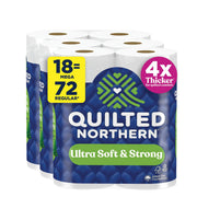 Quilted Northern frente del paquete mostrando 18 mega rollos y ahorro