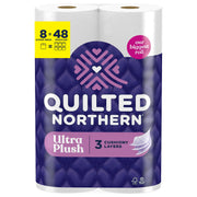 Quilted Northern vista frontal del paquete con 8 rollos, conveniencia prolongada