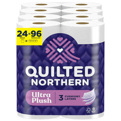 Quilted Northern paquete frontal mostrando 24 mega rollos y beneficios